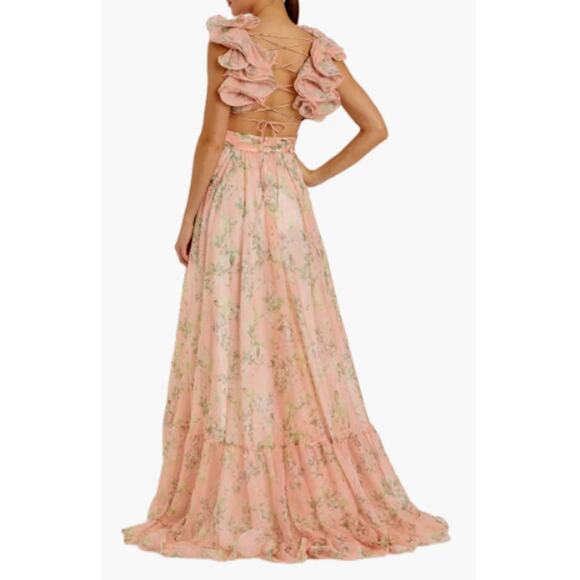 Mac Duggal Floral Cut Out V Neck Chiffon Gown Pink Multi Womens Size 8 - Picture 3 of 3